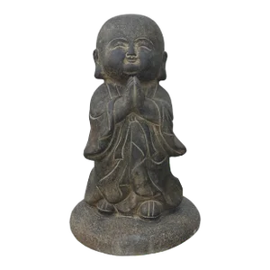 Chinese Dark Gray Stone Anjali Mudra Standing Cute Lohon Monk Statue