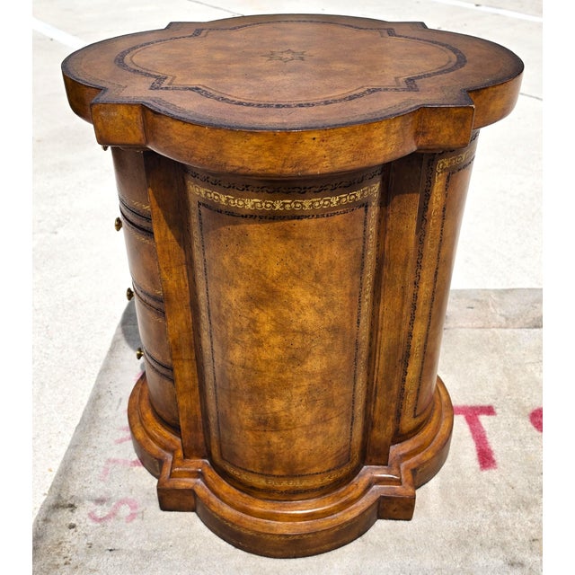 Wood Maitland Smith English Regency Tooled Leather Quatrefoil Drum Chest Side Table For Sale - Image 7 of 14