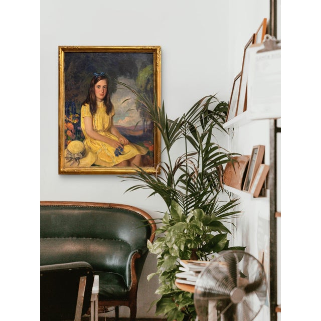 Antique Oil Painting " Girl in Yellow Dress" Portrait by WMJ Edmondson 1930 Large Painting Gold Frame For Sale - Image 9 of 10