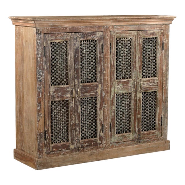 Indian Teakwood Cabinet Constructed From Antique Doors With Inset Jali Iron For Sale