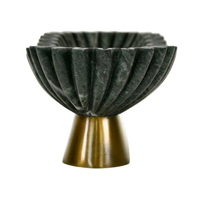 Worlds Away Matthew Izzo Home Drago Dark Green, Oval Fluted Marble Bowl With Brass Base For Sale - Image 4 of 7