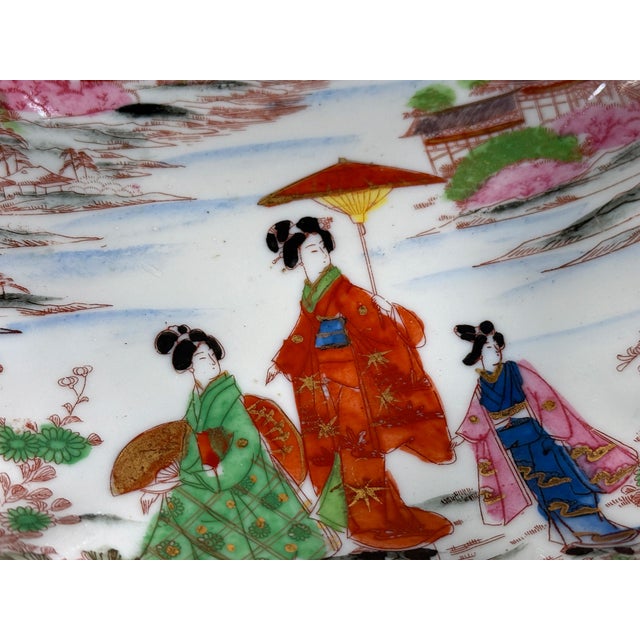 Ceramic Vintage Japanese Geisha Porcelain Bowl With Temple Landscape Scene For Sale - Image 7 of 8