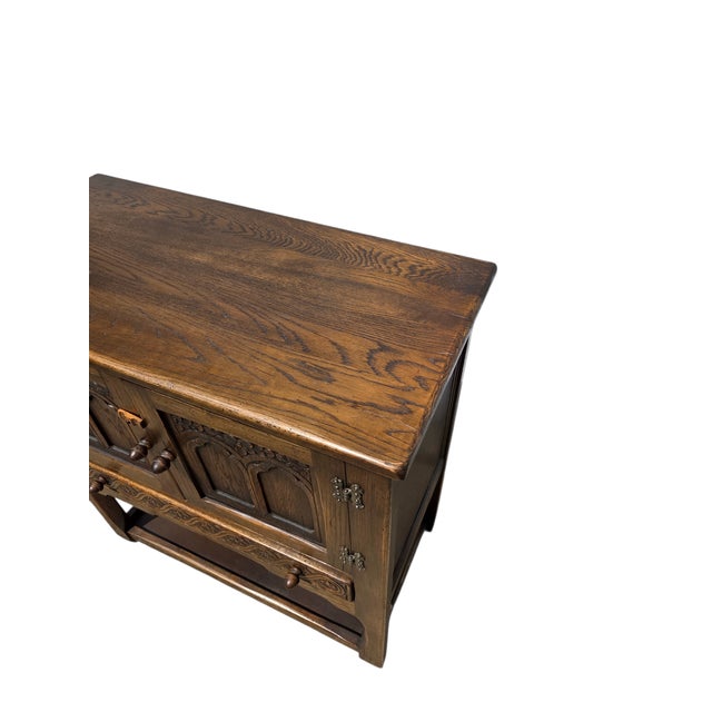 1980s Ethan Allan Charter Oak Jacobean Server Sideboard Bar Cabinet Made in England For Sale - Image 13 of 16