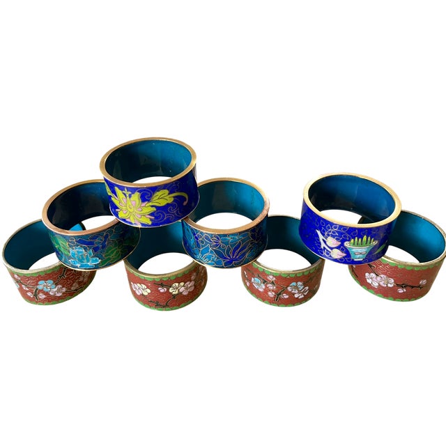 Bunny Williams Home Vintage 1970s Floral Cloisonné Napkin Rings in Red and Blue, Set of 8 For Sale - Image 4 of 10