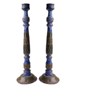 Vintage Rustic Candleholders in Painted Wood, 1970s, Set of 2 For Sale