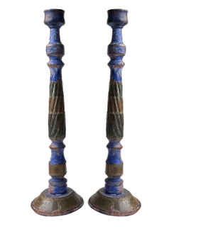 Vintage Rustic Candleholders in Painted Wood, 1970s, Set of 2