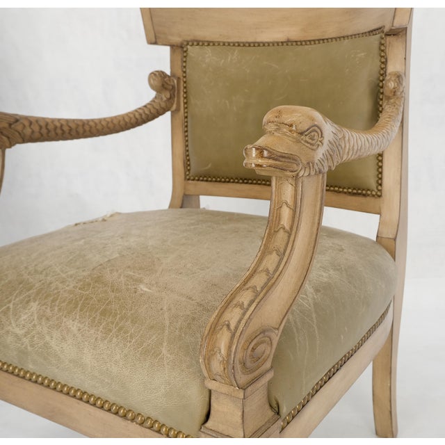 Carved Dolphins Shape Arms Rounded Back Lounge Chairs Leather Upholstery AS IS For Sale - Image 16 of 18