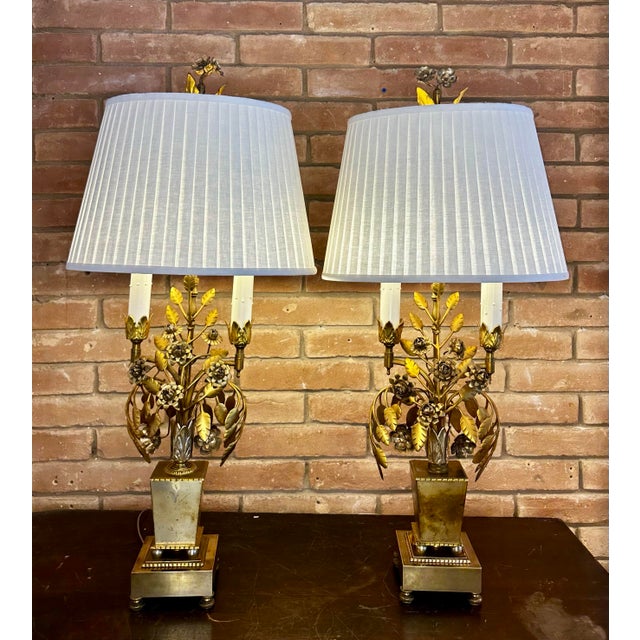 Pair of Mid-Century Italian Gilt Botanical Candelabra Lamps For Sale In Austin - Image 6 of 12