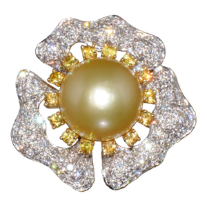 Certified Natural 26cts vs F Diamond 15mm South Sea Pearl Sapphire 18k Solid Gold Floral Cluster Ring, Size 6.25