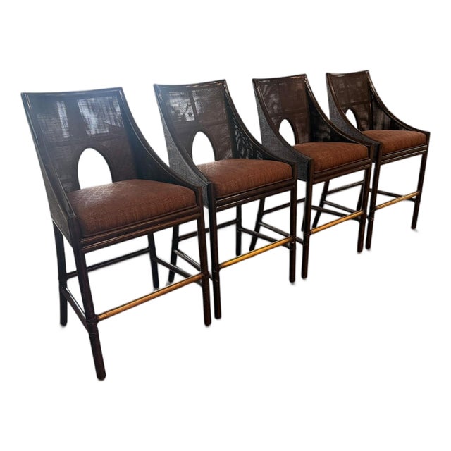 Barbara Barry for McGuire Caned Bar Stools in Dark Tobacco — Set of 4 (2006) For Sale
