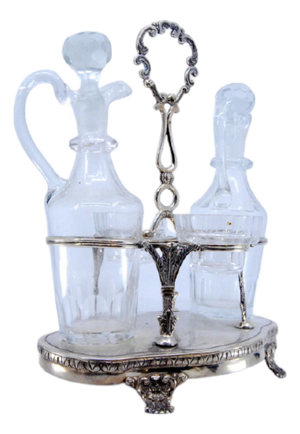 Silver and Cut Glass Cruets with Embossed Applications and Claw-Shaped Feet, Set of 5
