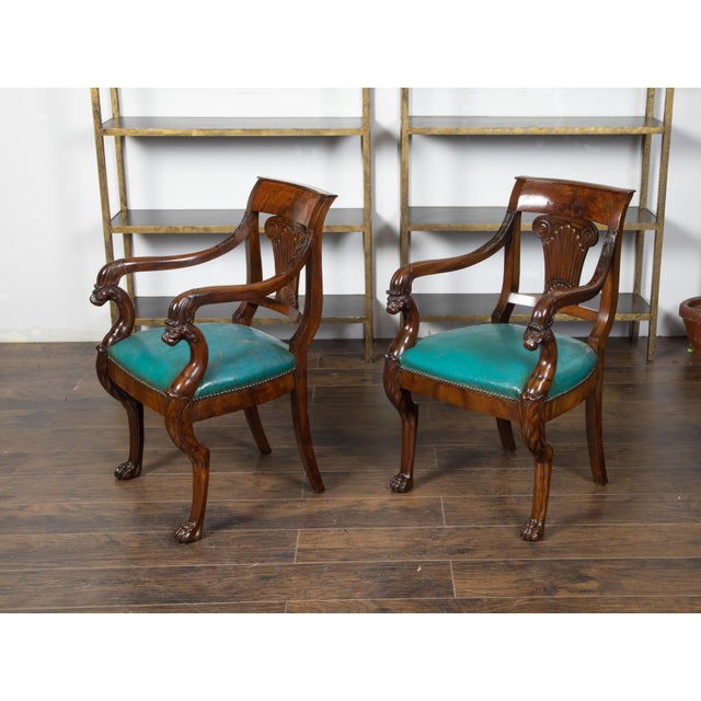 Wood Pair of English Regency 1840s Mahogany Chairs with Ionic Capitals and Griffons For Sale - Image 7 of 11