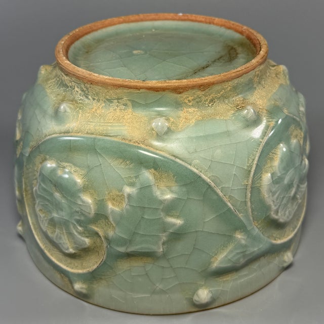 Antique Chinese Official‑Style Celadon Lidded Jar With Relief Floral Motifs For Sale - Image 6 of 7