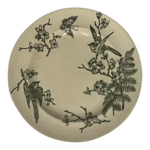 Antique Late 19th Century Earthenware Ferns and Birds Individual Plate by Ford & Riley, Green and White Transferware