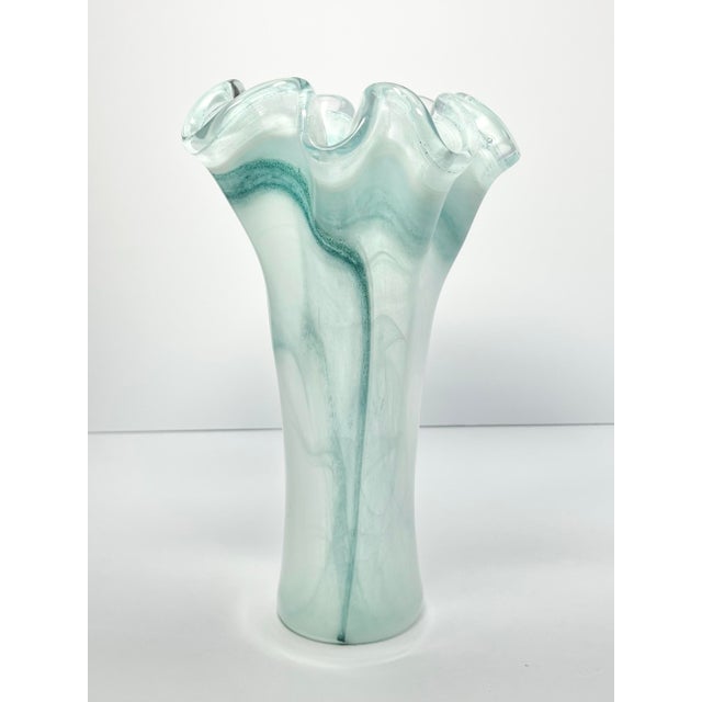 Contemporary Murano-Style Italian Sea Green Blue Ruffled Swirl Tall Vase 10 5/8” Good condition. No chips, cracks, or...