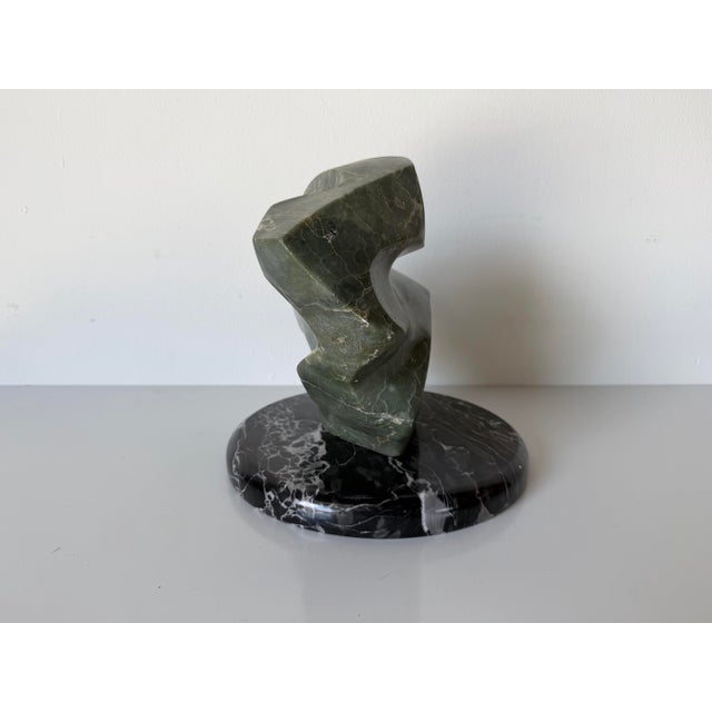 Green 1980’s Vintage Carved Green Marble Abstract Sculpture on Black Marble Base, Unsigned For Sale - Image 8 of 12