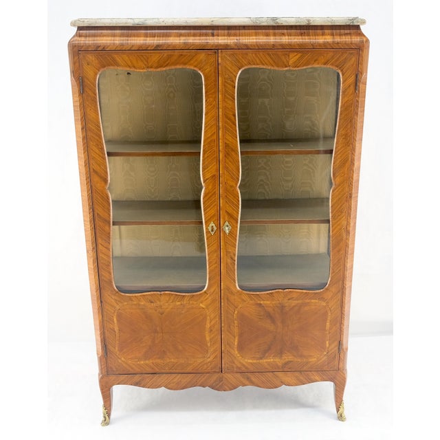 Wood Double Glass Doors French Inlayed Marble Top Curio Cabinet Book Case For Sale - Image 7 of 12