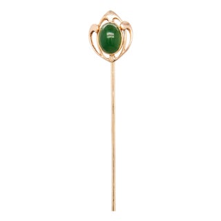 Signed Krementz 14k Gold & Nephrite Jade Cabochon Art Deco Stickpin For Sale