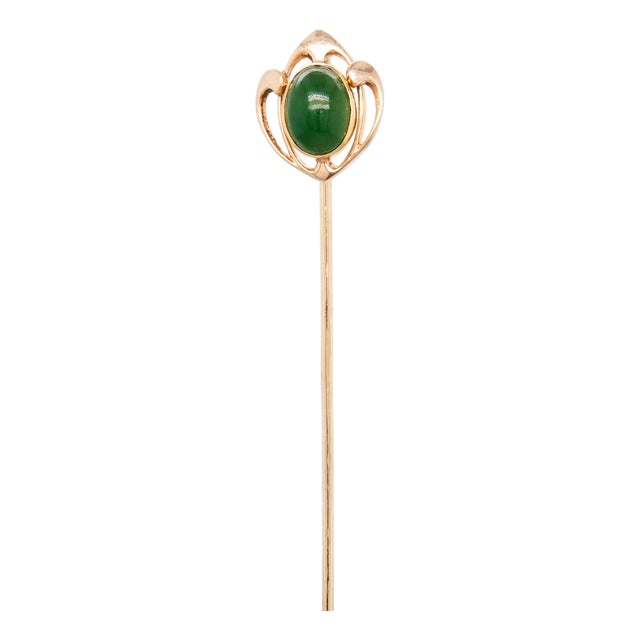 Signed Krementz 14k Gold & Nephrite Jade Cabochon Art Deco Stickpin For Sale