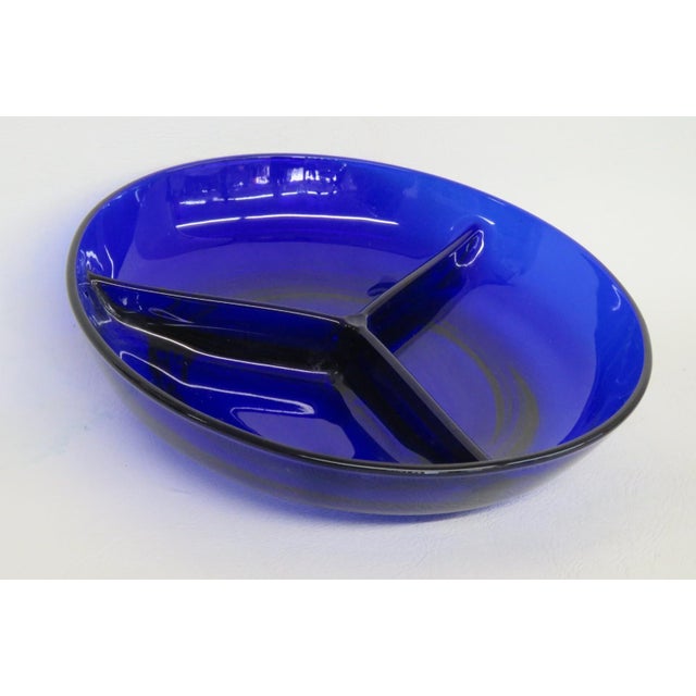 Cobalt Blue Glass Relish Dish Round 3 Compartment Sectioned Serving Bowl 4907b For Sale - Image 10 of 12