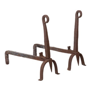 1950s Pair of French Wrought Iron Andirons For Sale