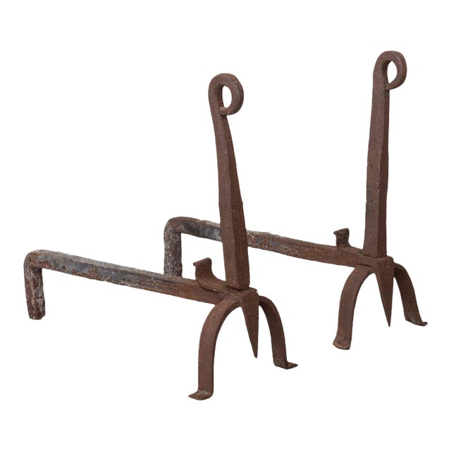 1950s Pair of French Wrought Iron Andirons For Sale