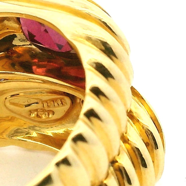 Vintage Italian 18k Gold Double-Stone Ring With Blue Topaz & Garnet, Size 6.75 For Sale - Image 10 of 12