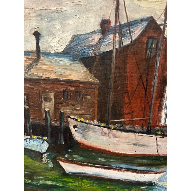 Mid Century Painting of Sailboats in Harbor For Sale - Image 4 of 13