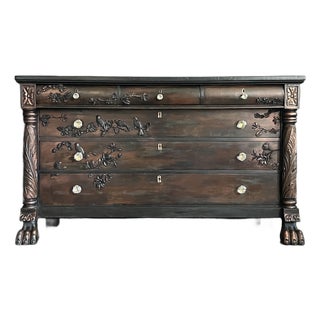Antique Empire-Style Hand-Painted Dresser With Botanical & Bird Moulds, Claw Feet For Sale