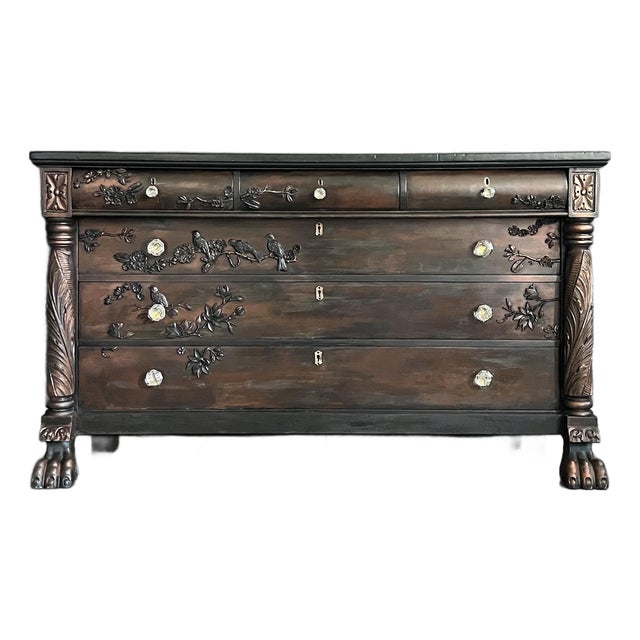 Antique Empire-Style Hand-Painted Dresser With Botanical & Bird Moulds, Claw Feet For Sale