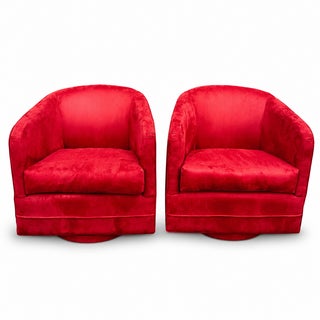 Red Suede Swivel Club Chairs - a Pair For Sale