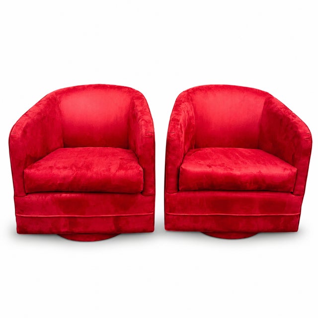 Red Suede Swivel Club Chairs - a Pair For Sale