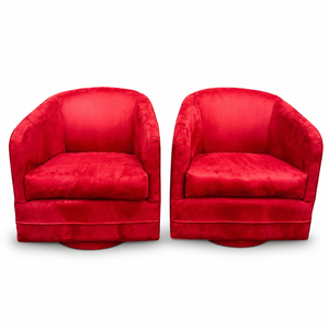 Red Suede Swivel Club Chairs - a Pair