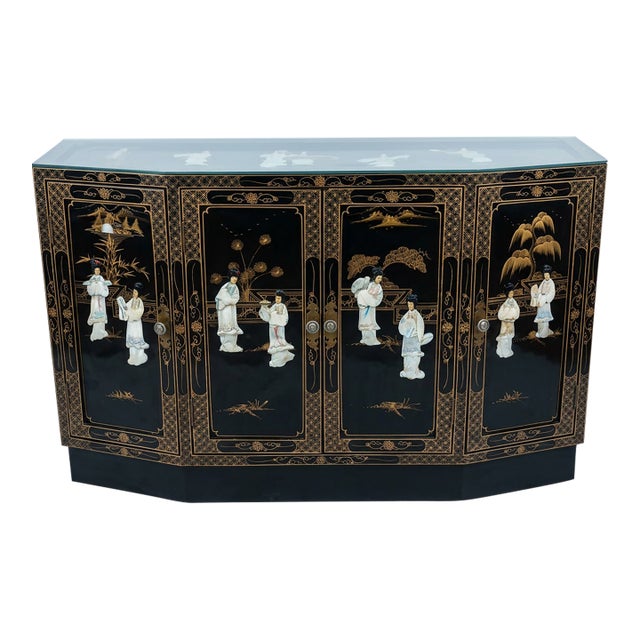 Vintage Chinoiserie Black Lacquer Mother-of-Pearl Four-Door Sideboard For Sale