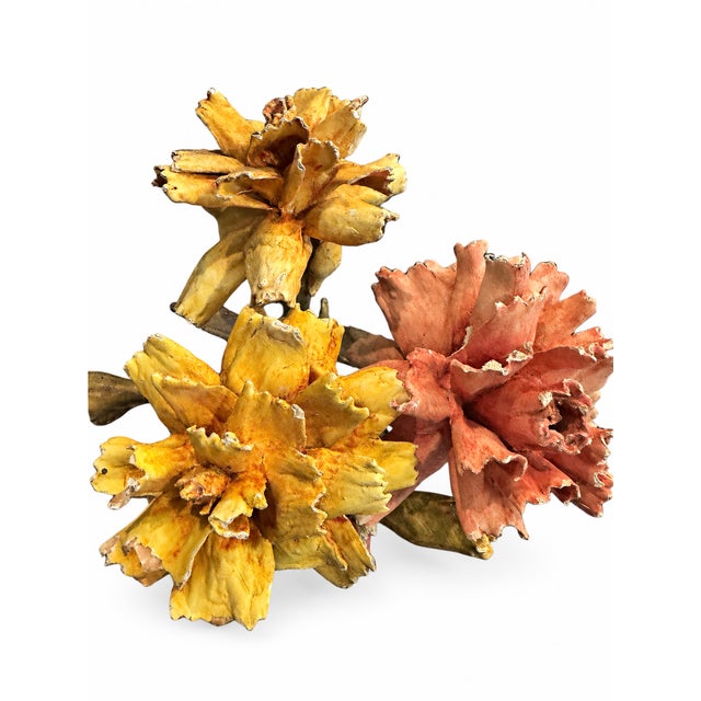 Italian Vintage Italian Tole Gesso Plaster Coated Metal Core Flowers - Sculpture- Set of 3 For Sale - Image 3 of 6