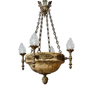 Representative Bronze Chandelier with Alabaster Bowl and Flamed Shades For Sale