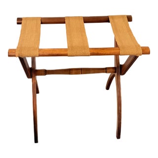 Vintage Campaign Style Folding Walnut Luggage Rack With Woven Straps For Sale