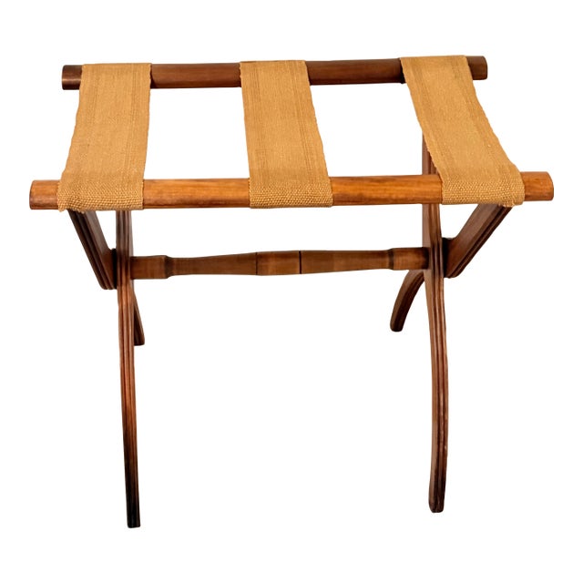 Vintage Campaign Style Folding Walnut Luggage Rack With Woven Straps For Sale