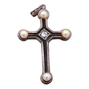 Gold Cross Pendant with Paw Print and Diamonds, 19th Century For Sale