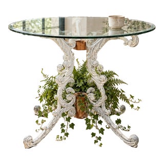 Vintage Rococo-Style Painted Cast-Iron Pedestal Table With Round Glass Top For Sale
