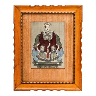 Wonderful Antique 19th Century Chinese Ancestral Portrait Miniature Hand-Painted Wood Frame and Matte Asian Home Wall Decor For Sale