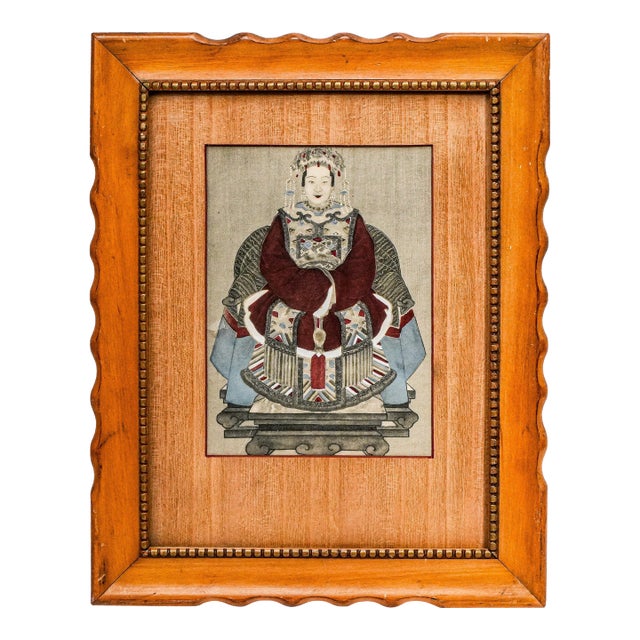 Wonderful Antique 19th Century Chinese Ancestral Portrait Miniature Hand-Painted Wood Frame and Matte Asian Home Wall Decor For Sale