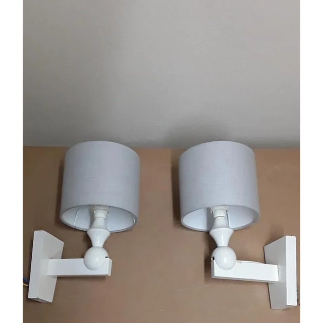 Vintage Wall Lights in White Painted Beech & Gray Fabric, 1970s, Set of 2 For Sale - Image 3 of 7