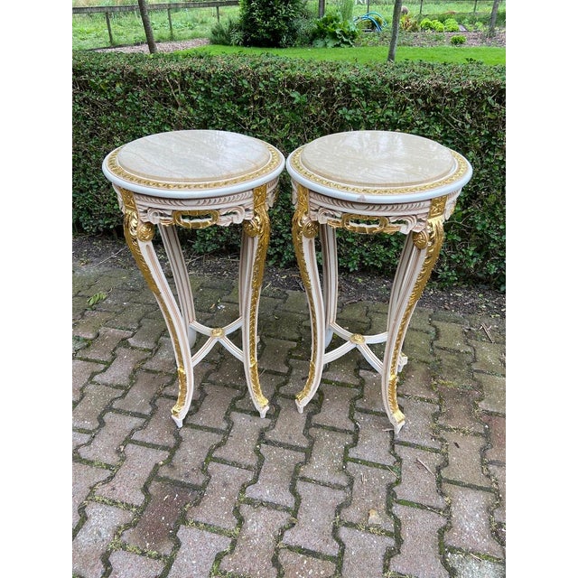 1970s French Louis XVI Antique/White Cream Gold Marble Side Tables- Pair For Sale - Image 4 of 14