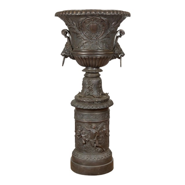 Tall Custom Made Cast Bronze Urn on Pedestal with Lion Head Handles For Sale