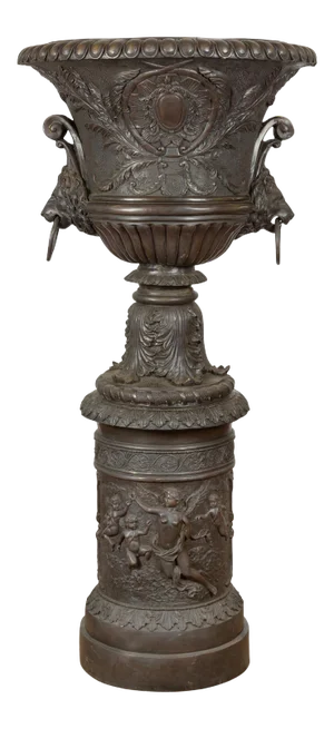 Tall Custom Made Cast Bronze Urn on Pedestal with Lion Head Handles