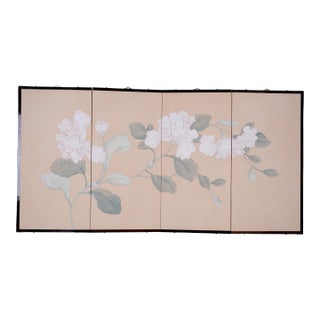 Mid to Late 20th Century Hong Kong Made Byobu "Soft White Branch With Flowers" 4-Panel Folding Screen in Very Good + Overall Condition For Sale