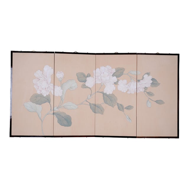 Mid to Late 20th Century Hong Kong Made Byobu "Soft White Branch With Flowers" 4-Panel Folding Screen in Very Good + Overall Condition For Sale