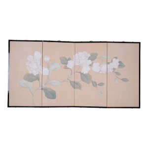 Mid to Late 20th Century Hong Kong Made Byobu "Soft White Branch With Flowers" 4-Panel Folding Screen in Very Good + Overall Condition