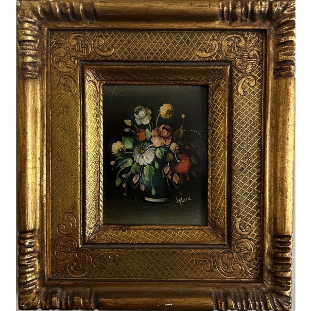 Boho Chic Vintage Miniature Italian Floral Still Life Oil Painting in Gold Frame For Sale - Image 3 of 7